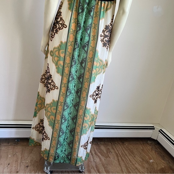 HALE Bob Women’s Gorgeous Printed Silk Halter Maxi Dress Boho Glam Green Brown S - Picture 10 of 13